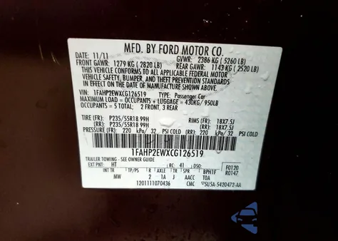 2012 Ford Taurus Sel from USA, damaged, VIN 1FAHP2EWXCG126519